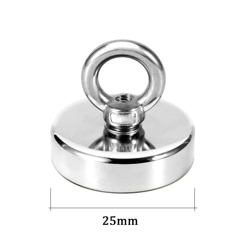 Silver heavy duty neodymium fishing magnet with a loop and flat base