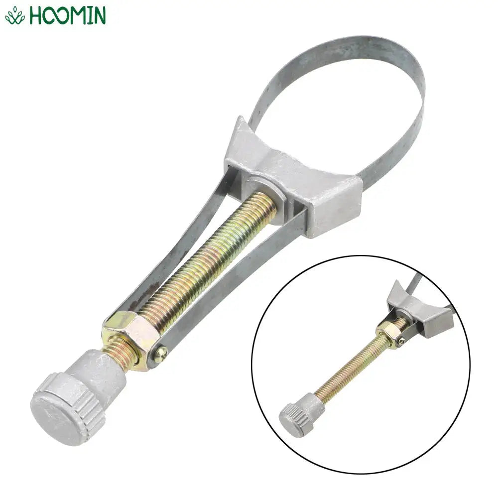 A metal adjustable tool used for removing car oil filters, shown with a close-up view.