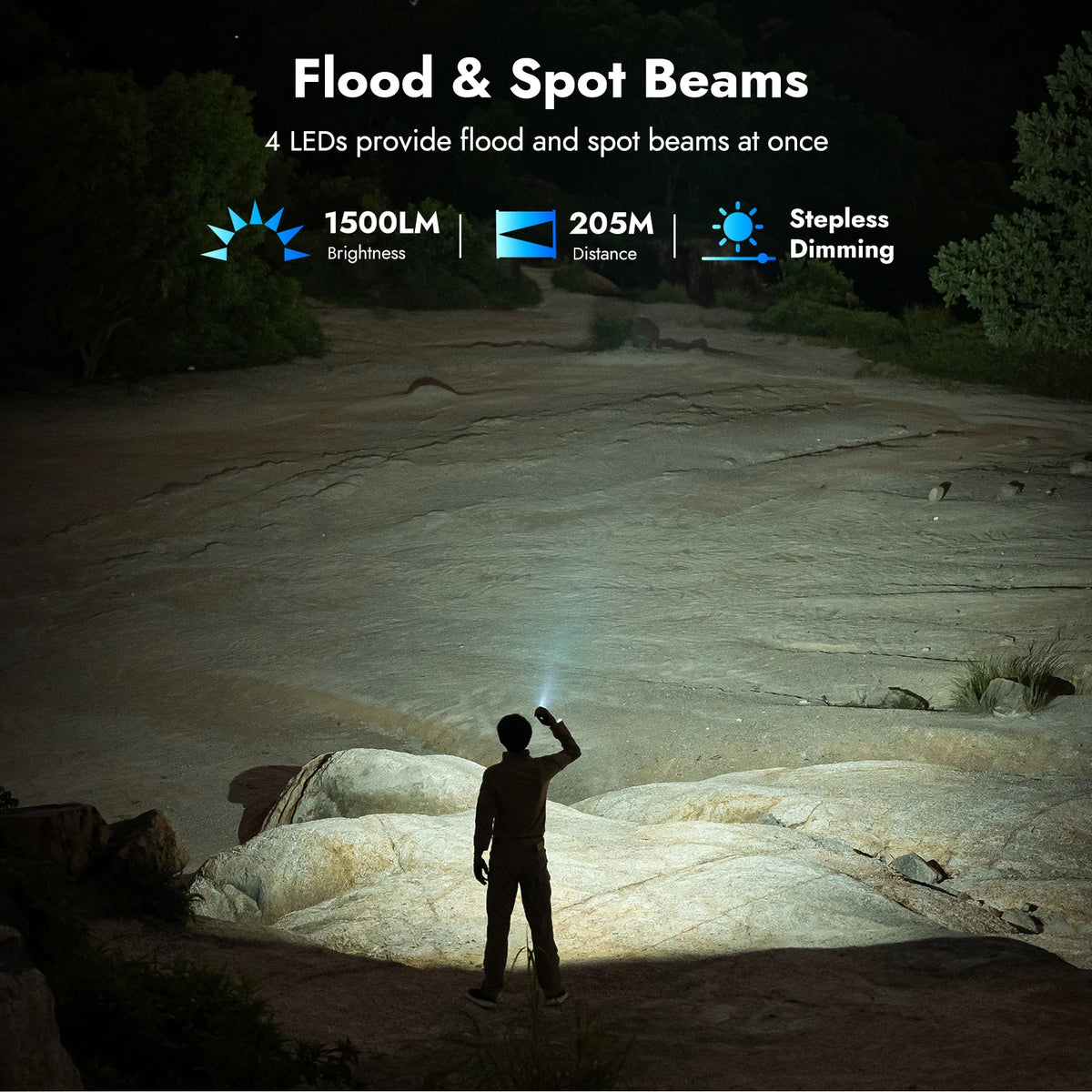 A person is using a flood and spot beam from a 4 LED flashlight in an outdoor, rocky environment.