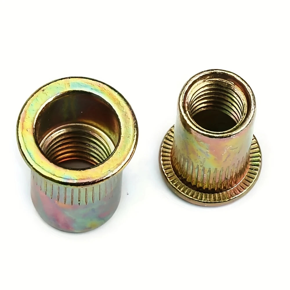 A brass precision rivet nut and threaded rivet kit with a hexagonal body and threaded ends.