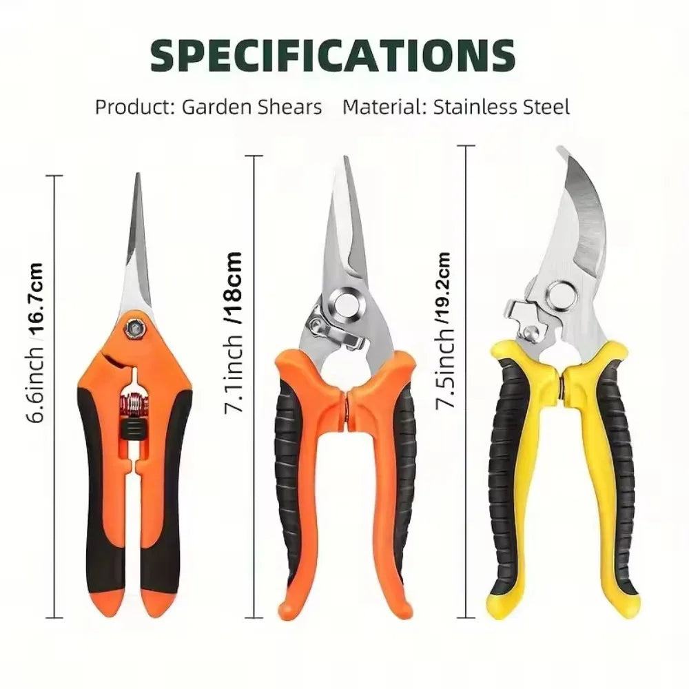 A set of three garden shears made of stainless steel in orange and black handles.