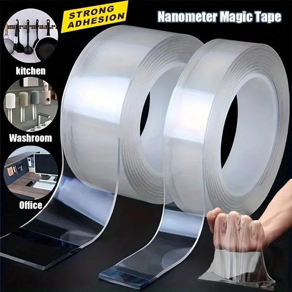 Rolls of clear double-sided mounting tape demonstrating strong adhesion for various surfaces like kitchen, bathroom, and offi