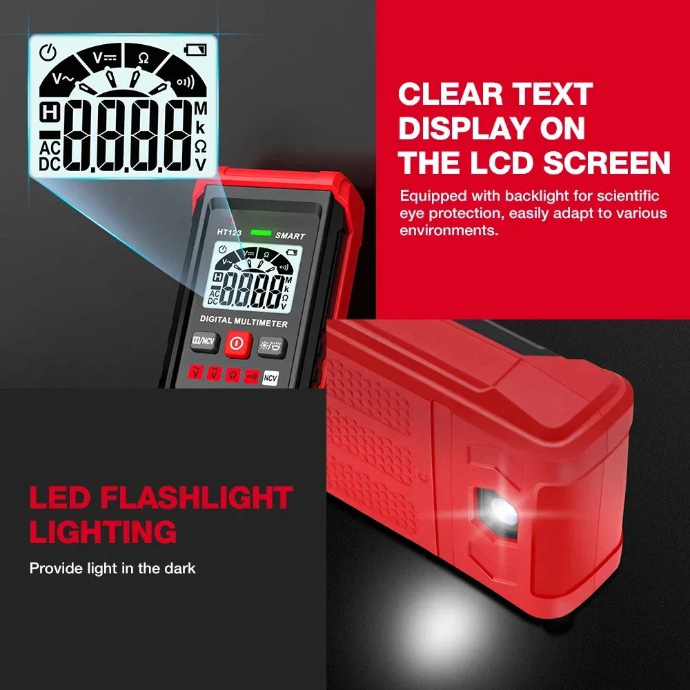A red digital multimeter with a clear LCD display and LED flashlight is shown against a dark background.