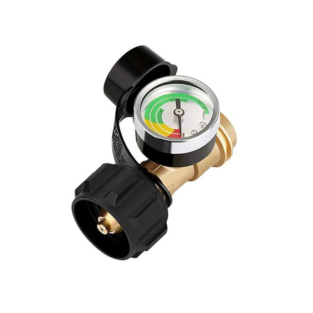 A black propane tank pressure gauge with a clear dial is shown.
