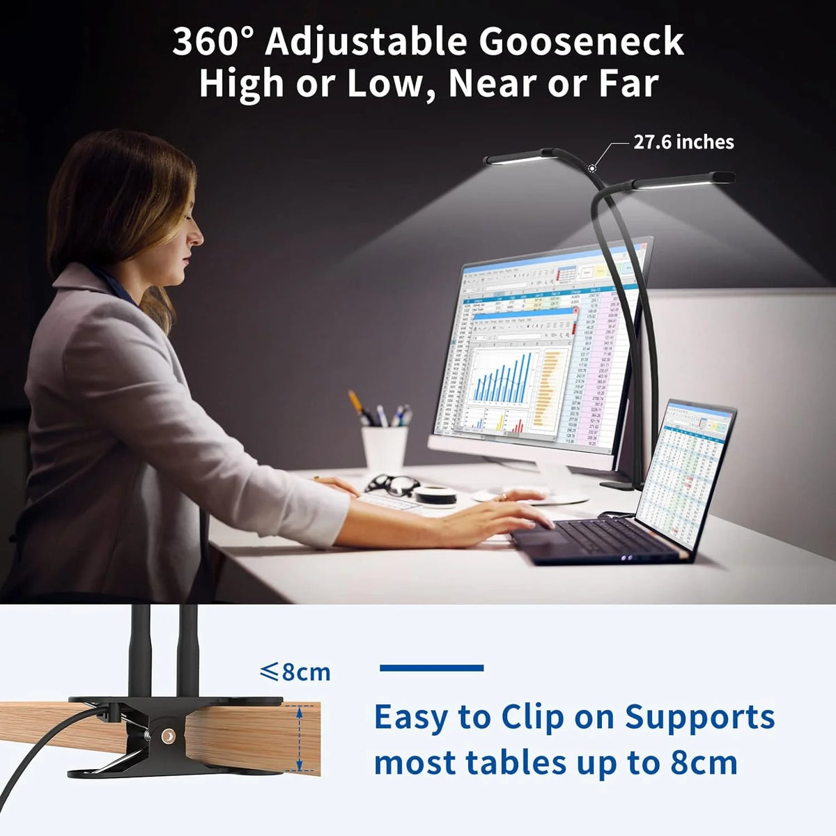 A woman uses a 360° adjustable gooseneck monitor light bar to illuminate her computer screen.
