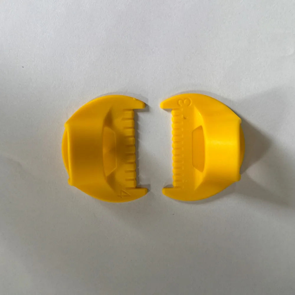 A pair of yellow plastic templates for hand sewing edge lockstitch stitches.