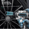 A hand is using a precision drive impact wrench to secure a socket onto a car wheel, demonstrating a secure snap-fit connecti