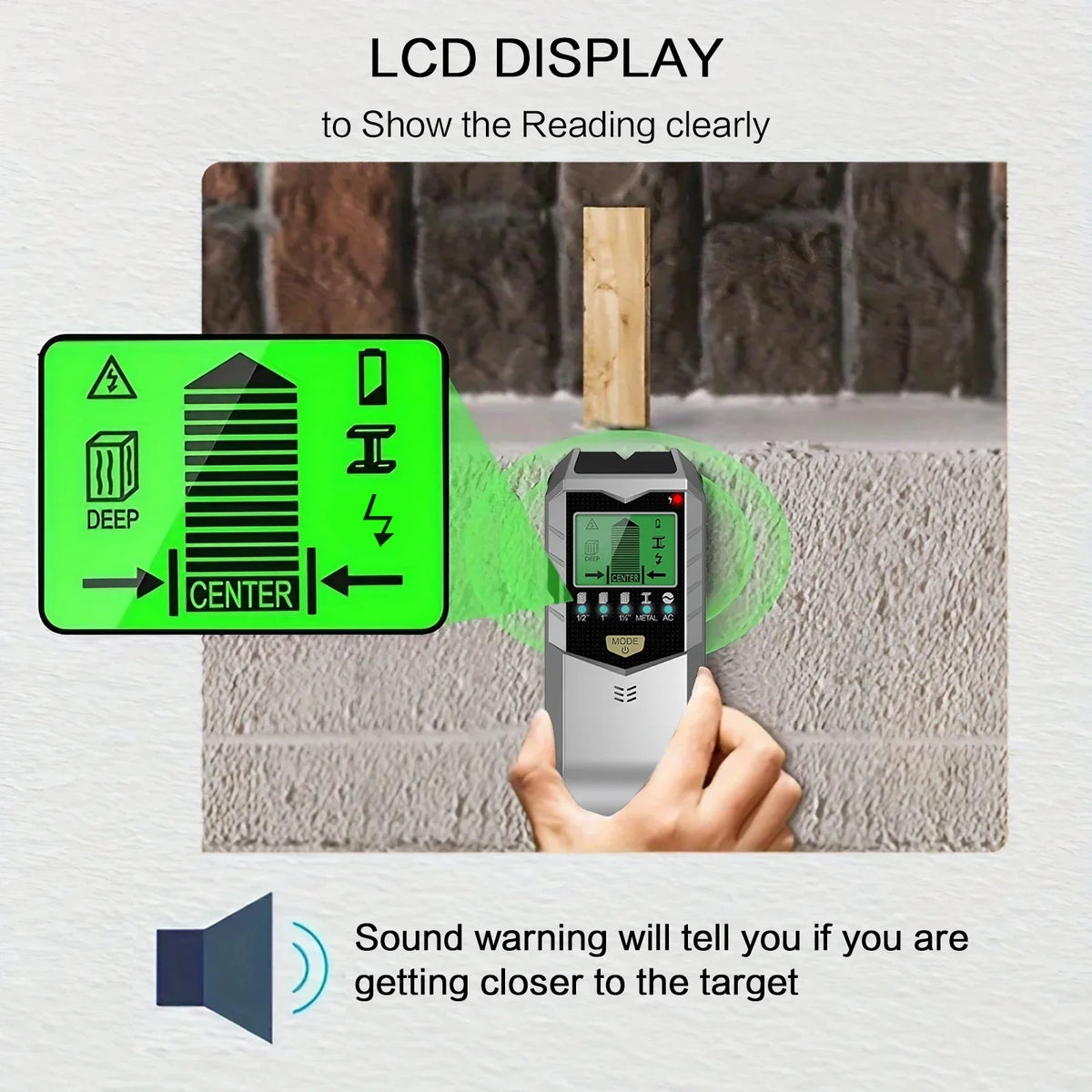 A hand holds a metal detection tool near a wall, with an LCD display showing a target and a sound warning indicator.