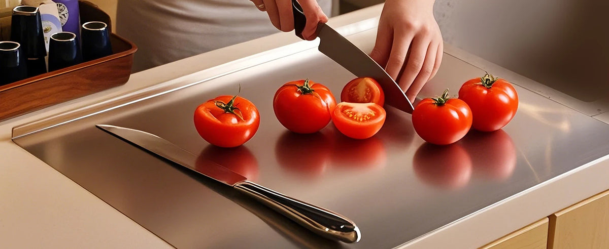 Hands are slicing tomatoes on a stainless steel cutting board with a knife.
