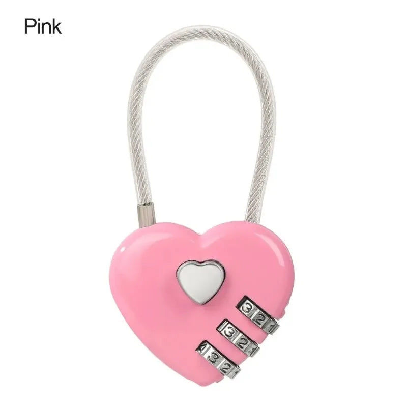 Pink compact heart-shaped combination padlock with a white cord.