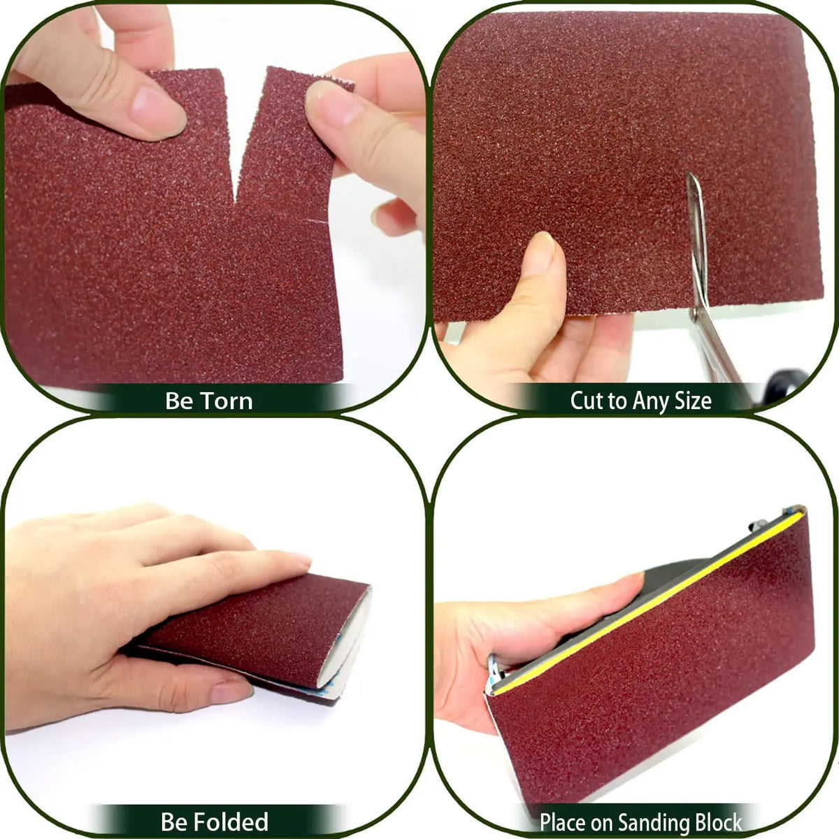 Demonstration of aluminum oxide sandpaper rolls showing how to tear, cut, fold, and place on a sanding block.