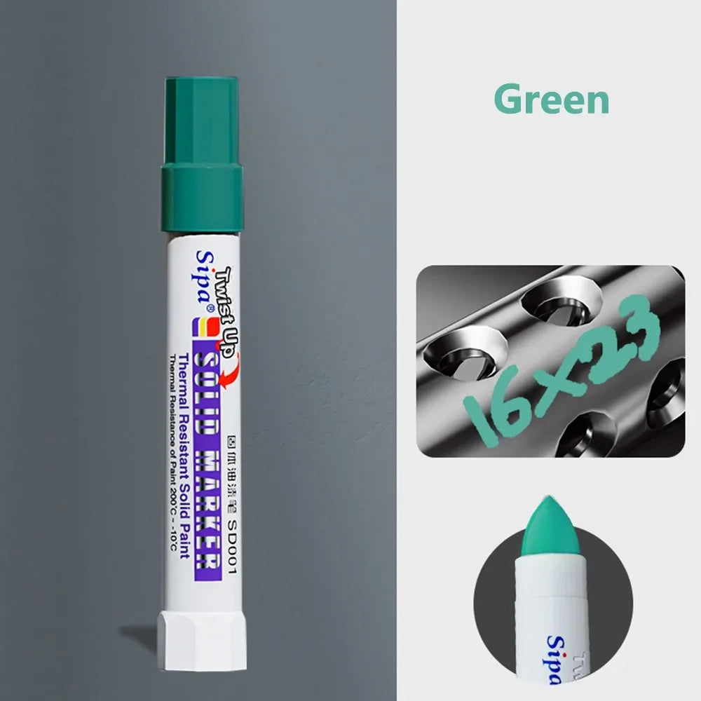 A green paint marker pen with a white body and teal cap is shown against a gray background.