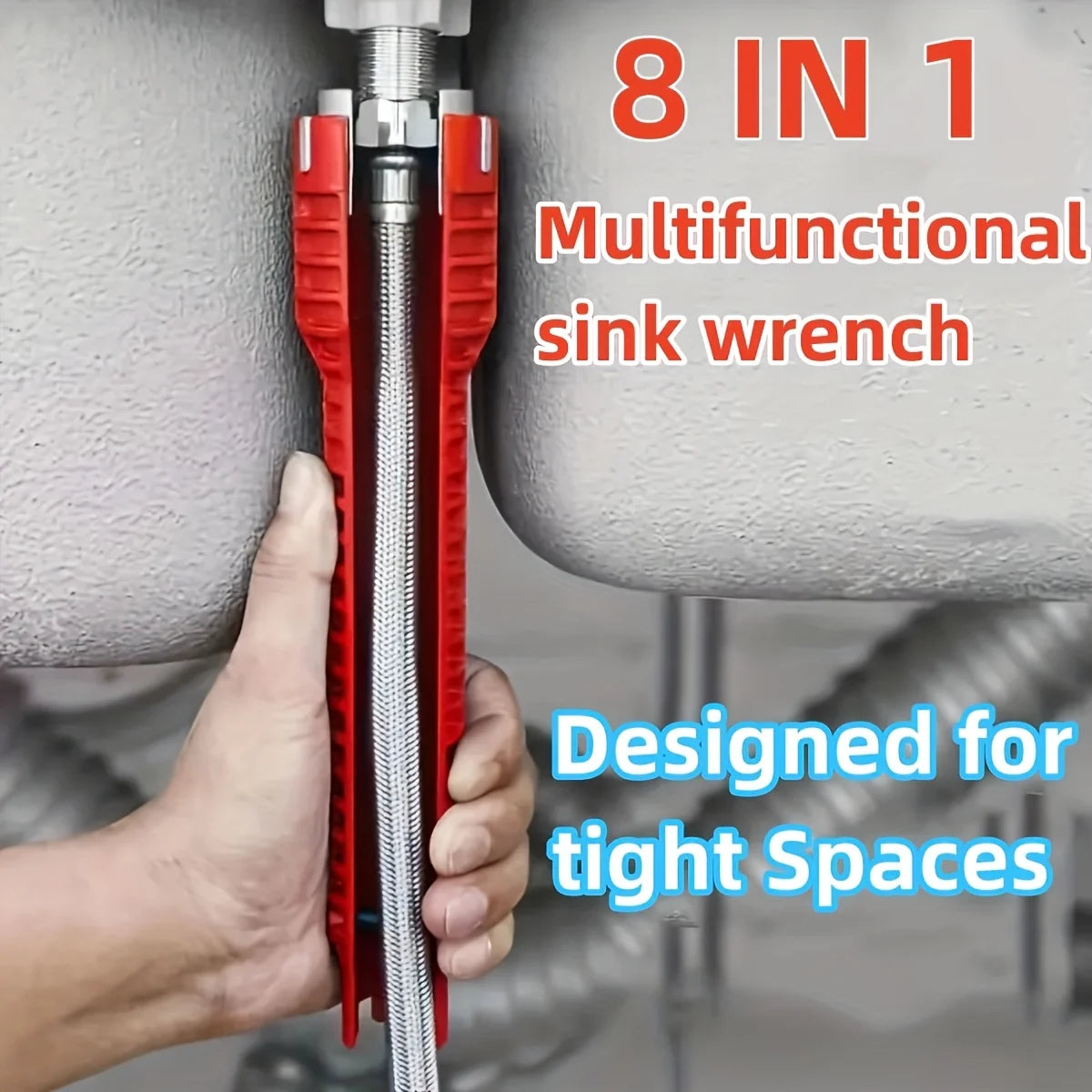 A hand is holding an 8-in-1 multifunctional sink wrench, a red and silver tool designed for tight spaces.
