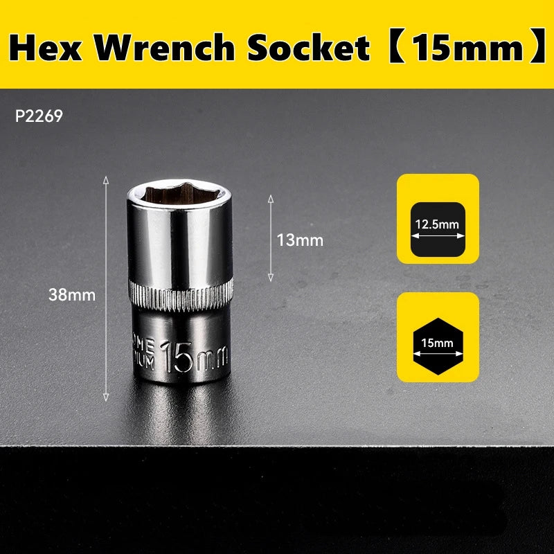 A silver hex wrench socket with a 15mm drive size is shown against a dark background.