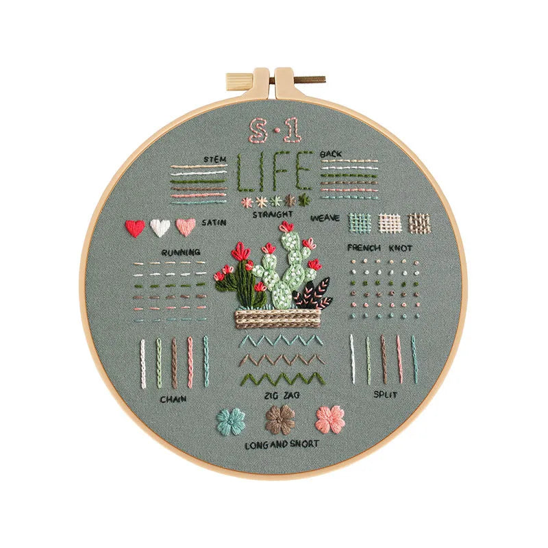 A beginner embroidery kit featuring various stitches like satin, straight stitch, weave, french knot, chain, zig zag, and spl