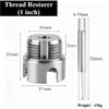 A silver thread restorer tool with a 1 inch diameter, measuring 75mm in length and 37mm in width.