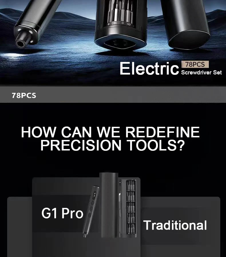 A set of 78 electric precision screwdriver repair tools shown against a dark background.