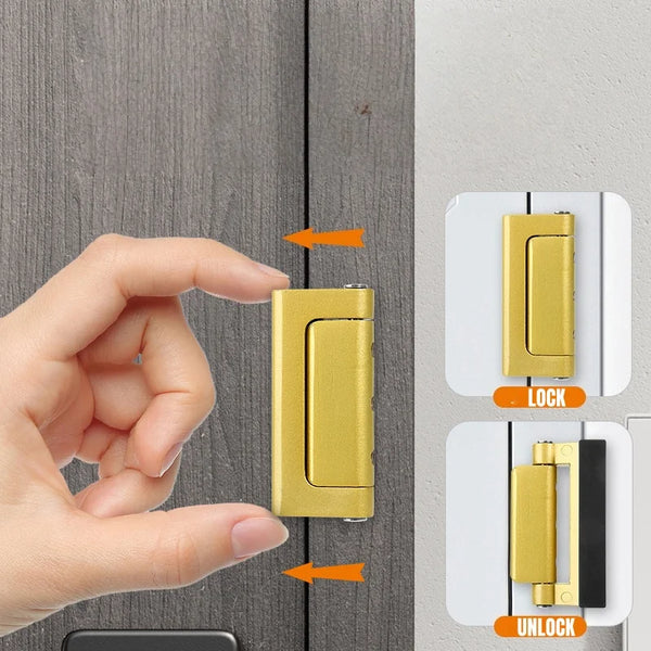 A hand is shown operating a heavy-duty aluminum door reinforcement lock mechanism on a gray door panel.