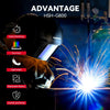 An advantage welding helmet is shown with a hand operating it, highlighting features like faster darkening and lightweight de