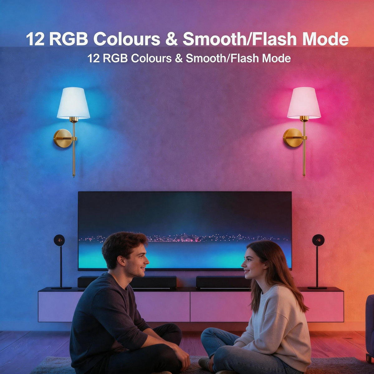 A television setup featuring twelve RGB colored wall sconces illuminating a room.