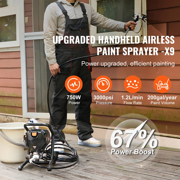 A man holds an upgraded handheld airless paint sprayer while standing in front of a house, with the device and a paint can vi