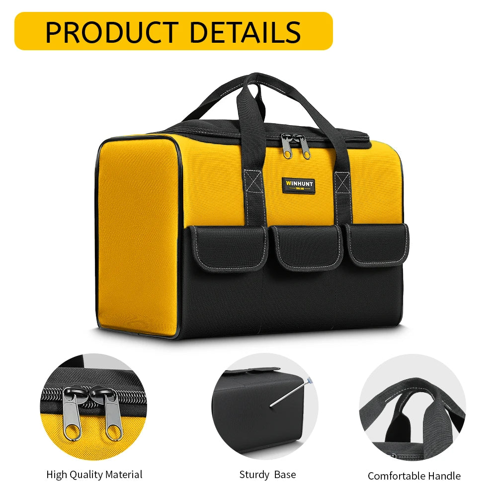 Gelbe und schwarze Werkzeugtasche mit Griff, hochwertige Materialien, stabile Basis und komfortabler Griff.