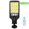 A black solar motion sensor security light with a panel of ten yellow LED lights and a remote control.