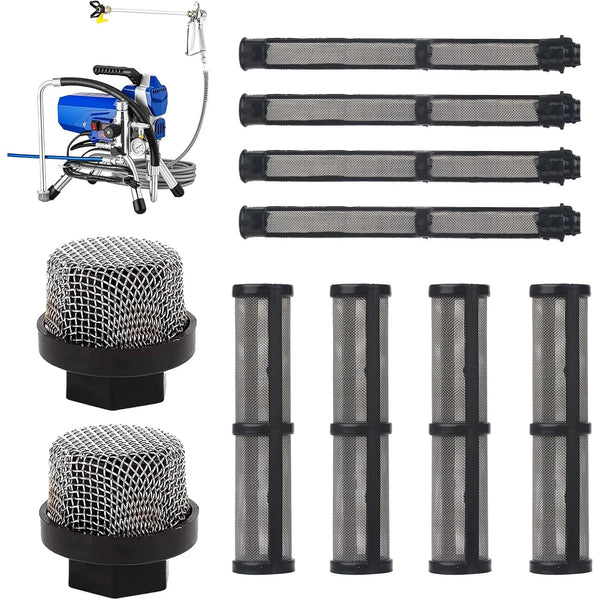 Precision airless spray filter kit showing various mesh filters and a pump assembly