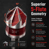 A close-up view of a red and silver 5-flute countersink drill bit showing its geometry and construction features.