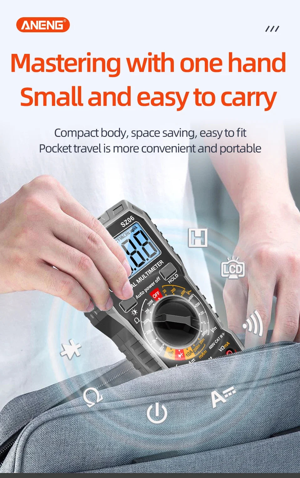 A hand holds a compact digital multimeter with a large display, demonstrating its portability for travel.