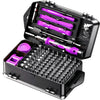 A black precision electronic repair tool kit with purple and silver tools displayed in an open case.