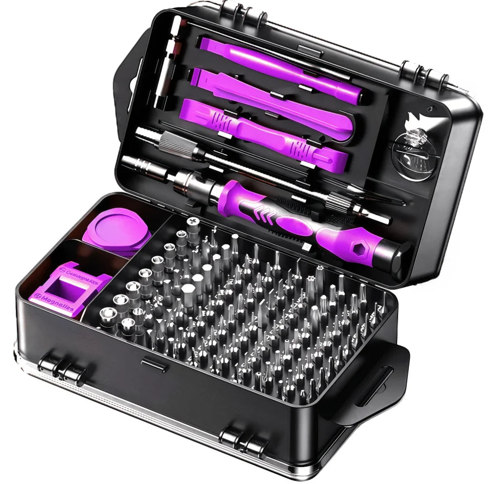A black precision electronic repair tool kit with purple and silver tools displayed in an open case.