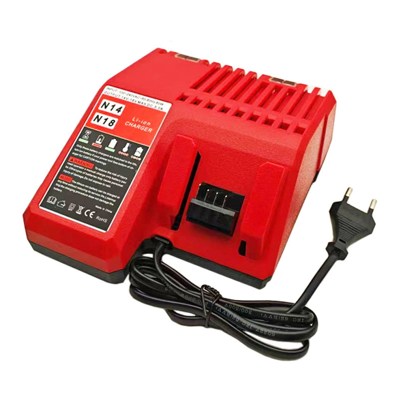Red battery charger for Milwaukee 14.4V tools with a black power cord and connector.