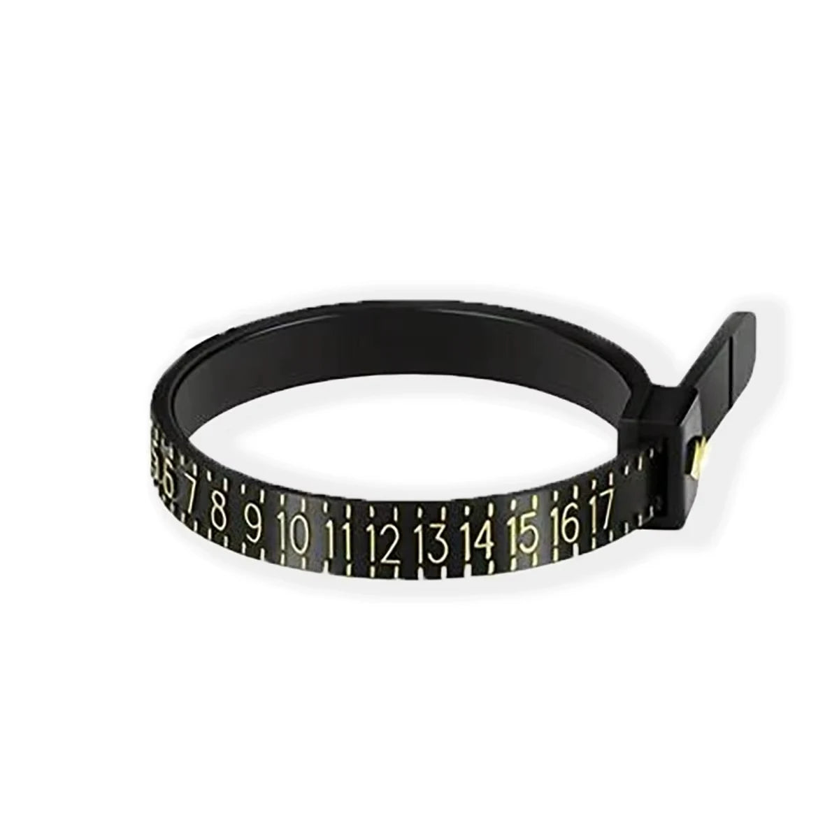 Black finger ring sizer with numbered markings for accurate sizing.