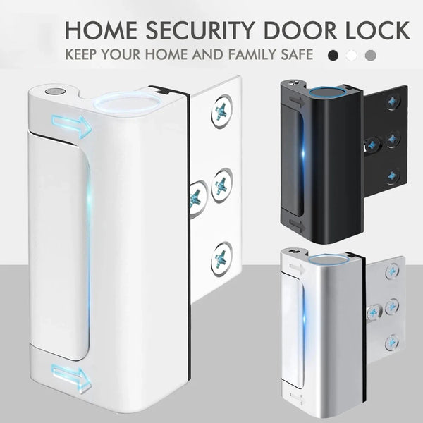 A white heavy-duty aluminum door lock with a transparent panel and security features shown in multiple views.