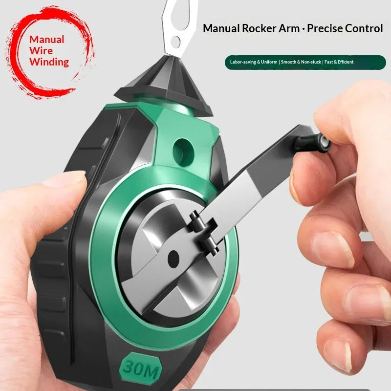 A hand is operating a manual roker arm tool for precise control over chalk line marking.