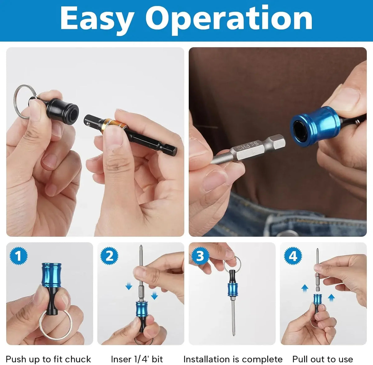 A set of 12 socket bit holders with keychain extension bars shown in various stages of operation.