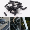 A collection of black stainless steel wire cutters and housing kits for bicycle cables.