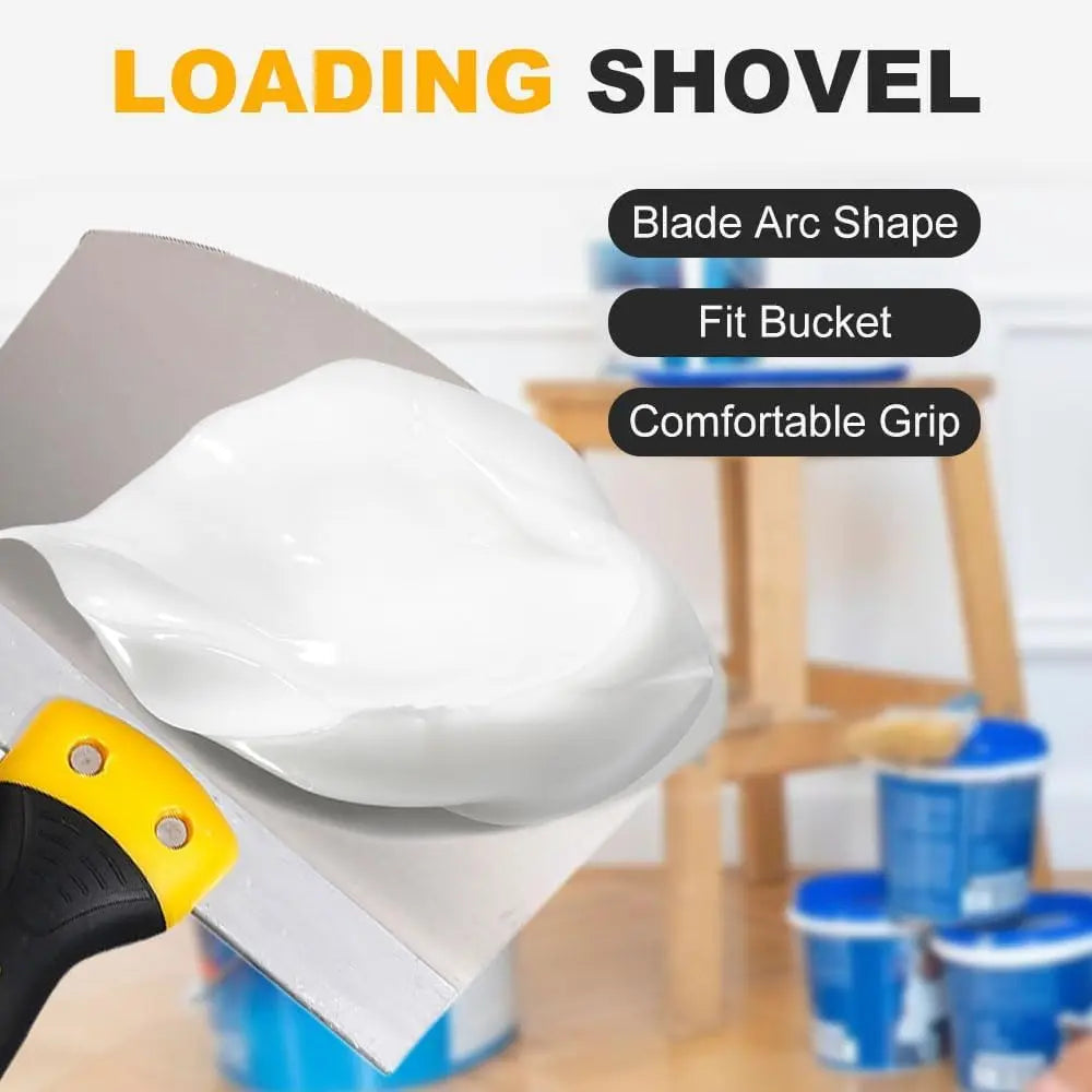 A loading shovel tool with a blade arc shape and fit bucket is shown in a kitchen context.