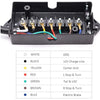 A black distribution block with seven colored wires and connectors for power distribution.