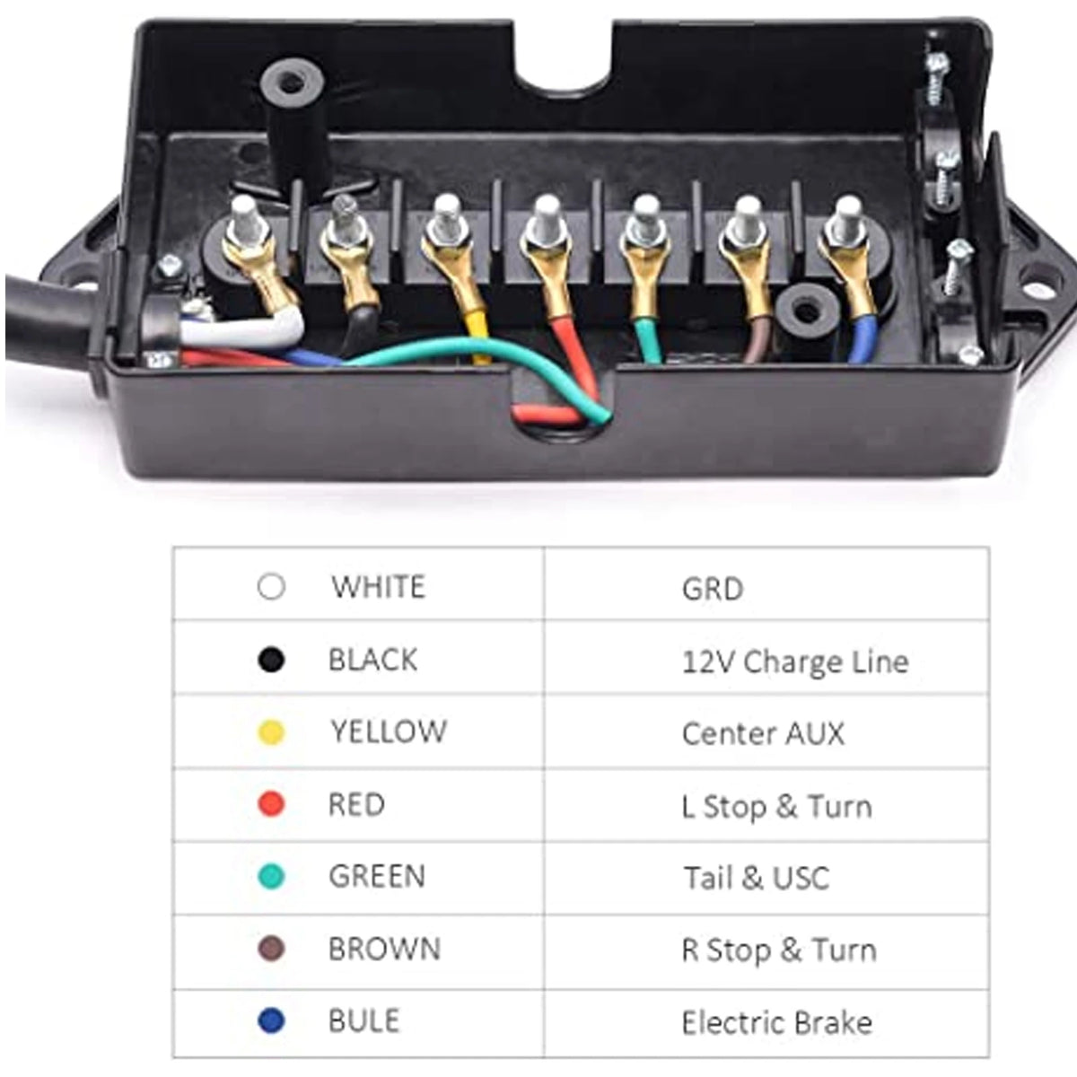 A black distribution block with seven colored wires and connectors for power distribution.