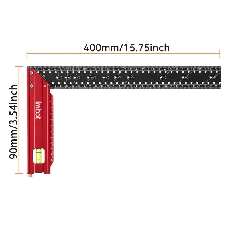 A red precision stainless steel measuring ruler with a 400mm length and a black scale tape.