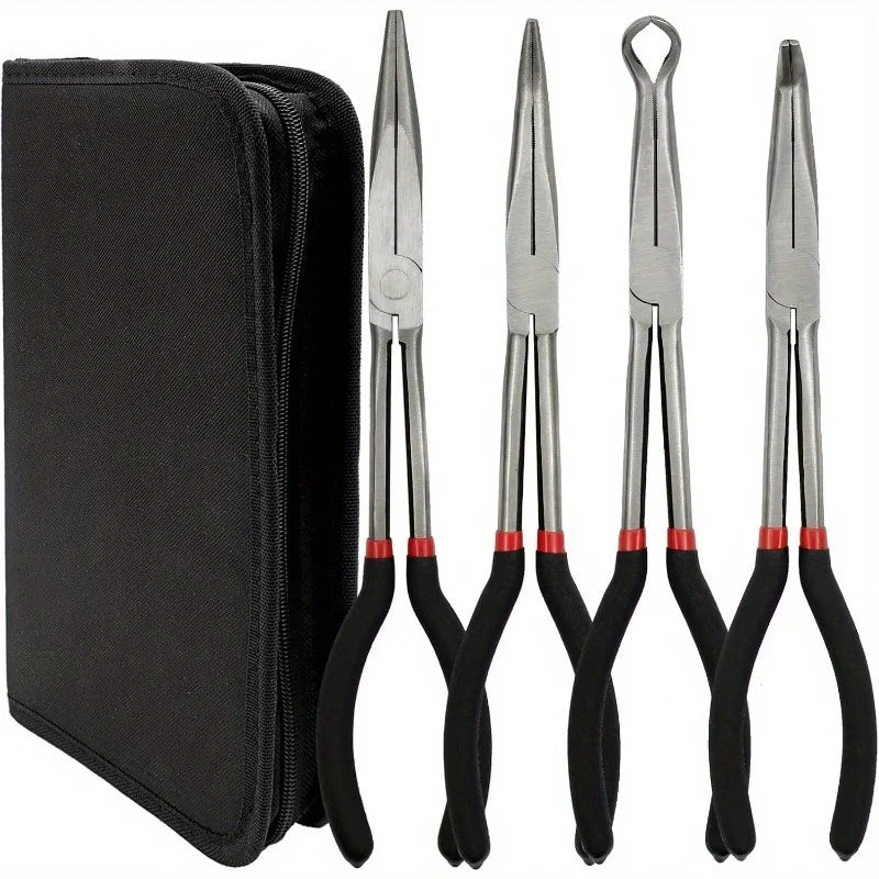 A set of precision needle nose pliers with black and silver handles displayed on a dark background.