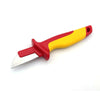 A red and yellow insulated electrician wire stripping and cutting tool with a metal blade.