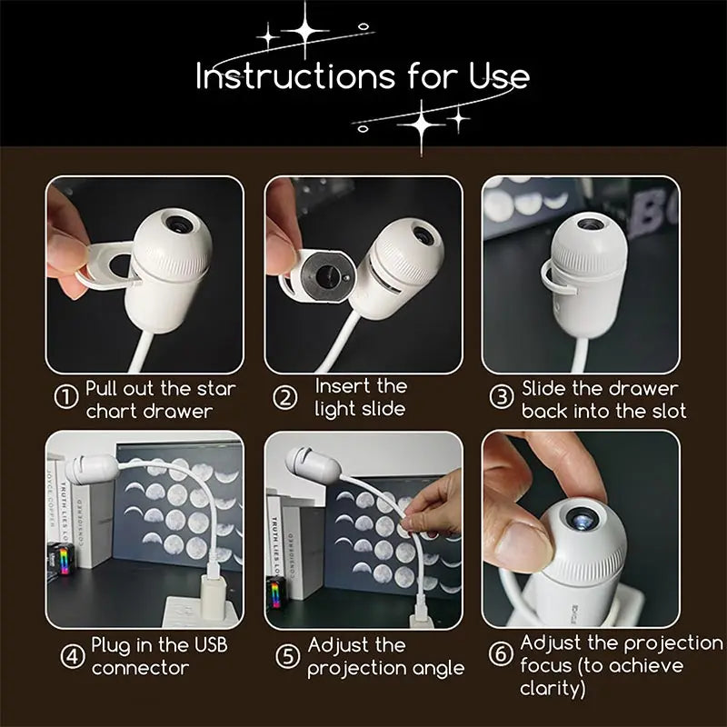Instructions for use showing steps to set up and adjust a Galaxy Star Projector Night Light