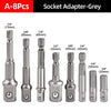 A set of eight grey socket adapters with various sizes including 1/2 inch, 3/8 inch, and 1/4 inch.