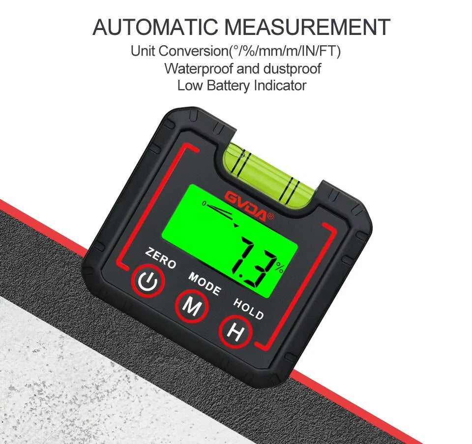 A black digital angle gauge with a green display showing 7.3% battery and various mode indicators.