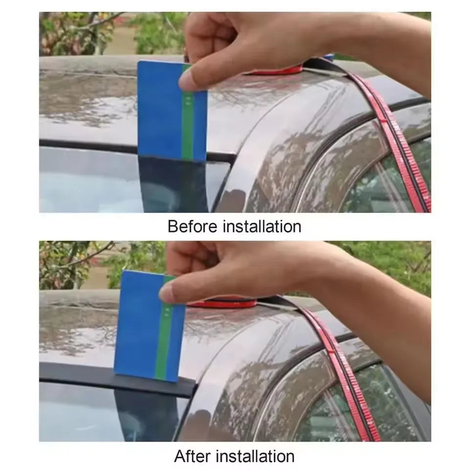 A hand is installing a rubber seal strip on a car window, showing the before and after installation process.