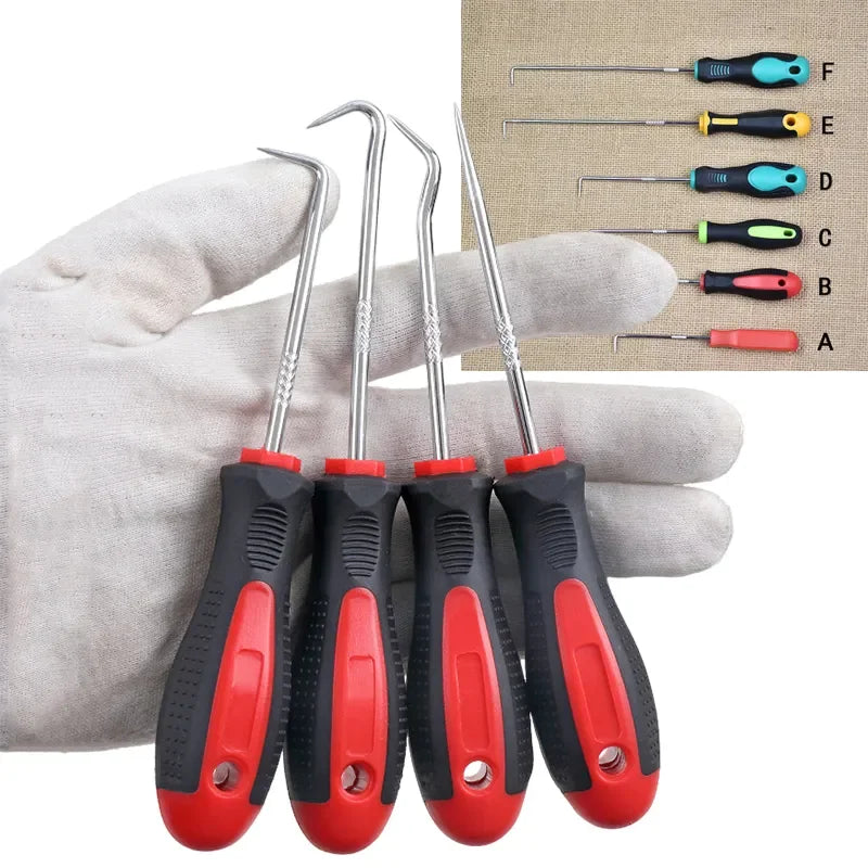 A set of multi-angle car repair hooks with various sizes and colors arranged next to a hand.
