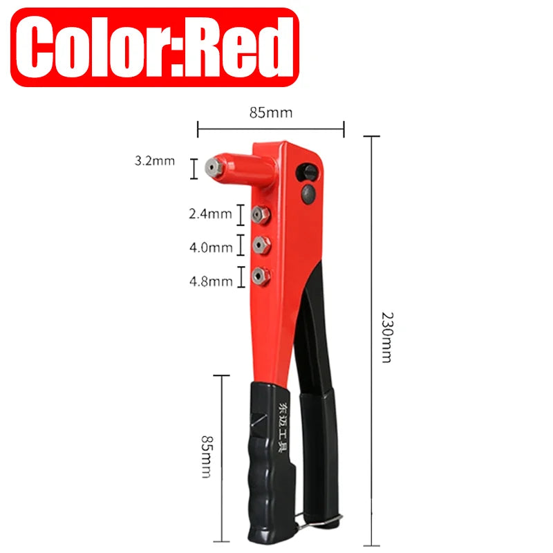 A red heavy duty hand rivet gun kit with various rivet sizes and a black handle.